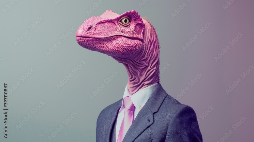 Creative image of a dinosaur head on a businessperson's body, symbolizing adaptability Creative image of a dinosaur head on a businessperson's body, symbolizing adaptability