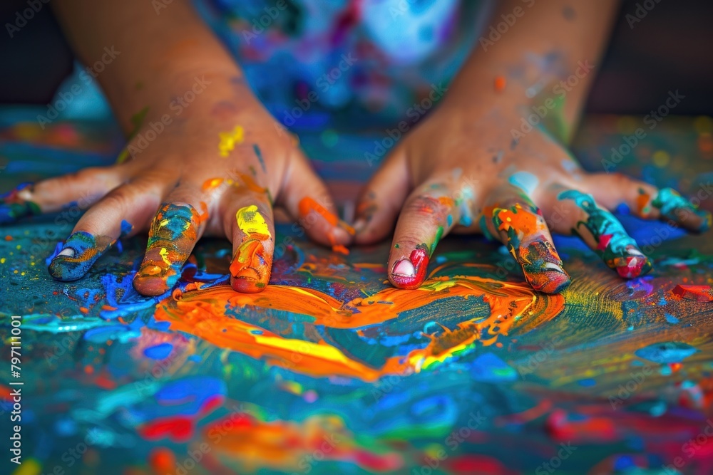 A child's hands covered in paint create a heart shape on a canvas. A child's hands covered in paint create a heart shape on a canvas.