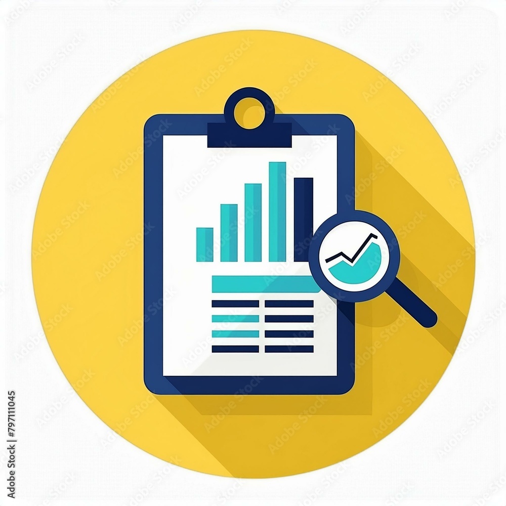 A chart on clipboard and a magnifying glass. A icon and illustration of the concept of assessment in personal finance A chart on clipboard and a magnifying glass. A icon and illustration of the concept of assessment in personal finance