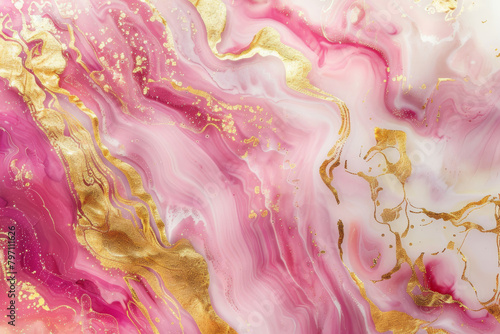 Pink and gold abstract fluid art painting background with glitter and sparkles.