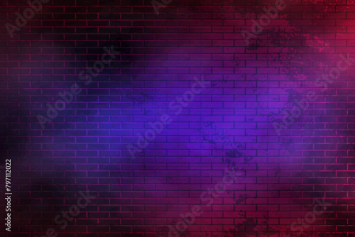 Abstract Neon Brick Wall Background. Mystery Glowing Stone Wall