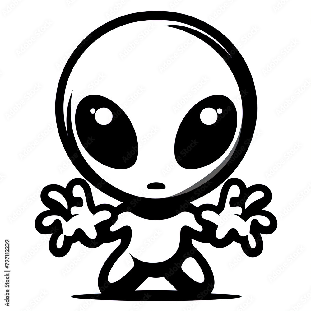 Eine minimalistische schwarz weiße Vektorgrafik eines kleinen Aliens Eine minimalistische schwarz weiße Vektorgrafik eines kleinen Aliens