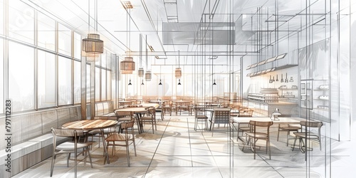An interior design drawing of the restaurant area in white, grey tiles with light wood accents, large windows, pendant lights above table, chairs around it, modern style.