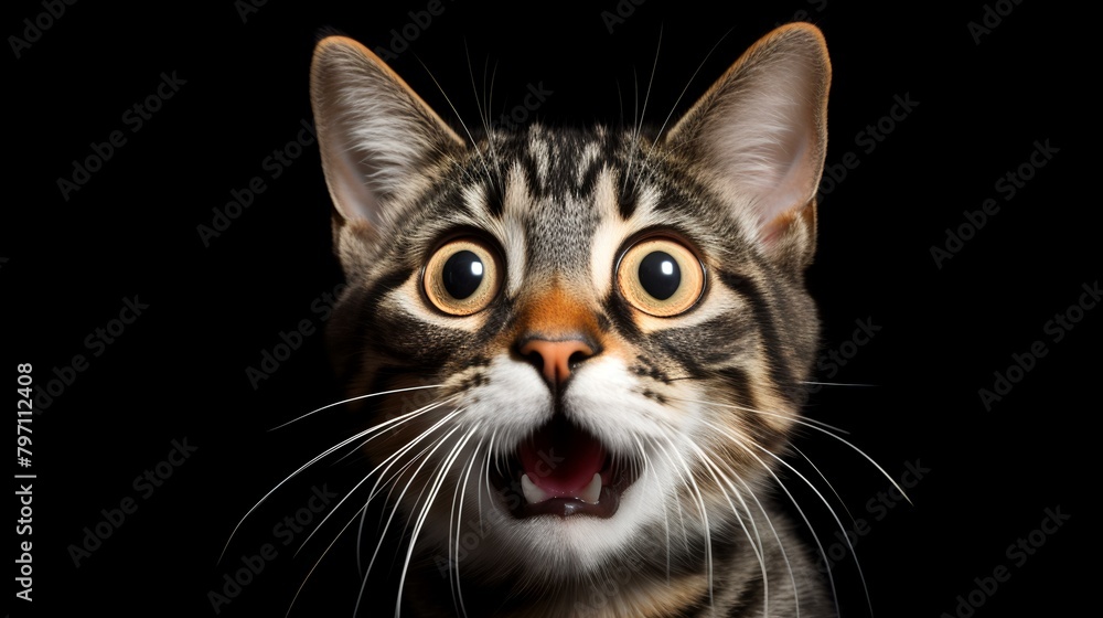 Close-up Portrait of Amusing Shorthair Cat with Open Mouth on Isolated Black Background