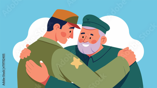 An emotional moment as a veteran embraces a fellow soldier they havent seen since their service days swapping war stories and catching up on lost. Vector illustration