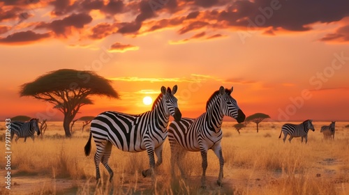 Zebras in the savannah at sunset  Kenya  Africa
