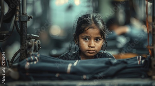 A young girl working in a sweatshop, with a sad expression on her face, highlighting the issue of child labor in the garment industry.