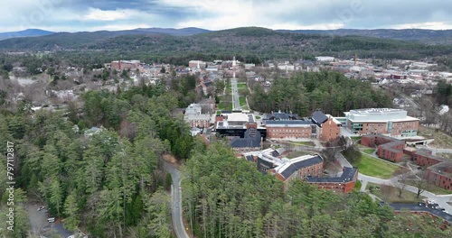 Spring aerial video of Hanover, NH on a partly cloudy day.