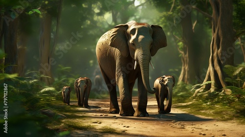 Elephants walking in the jungle. This is a 3d render illustration