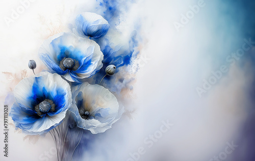Carta da parati con fiori di papaveri blu. Sfondo floreale. Spazio vuoto photo