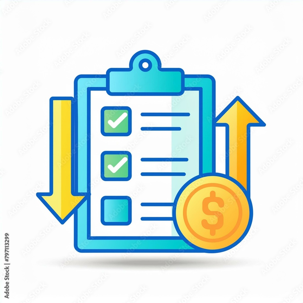 An icon of clipboard, checklist and a dollar sign. A concept of financial spending prioritization and personal finance An icon of clipboard, checklist and a dollar sign. A concept of financial spending prioritization and personal finance