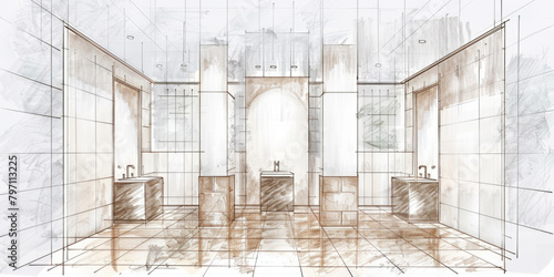 An interior design drawing of the public toilet area in white, grey tiles with light wood accents, large windows, modern style.