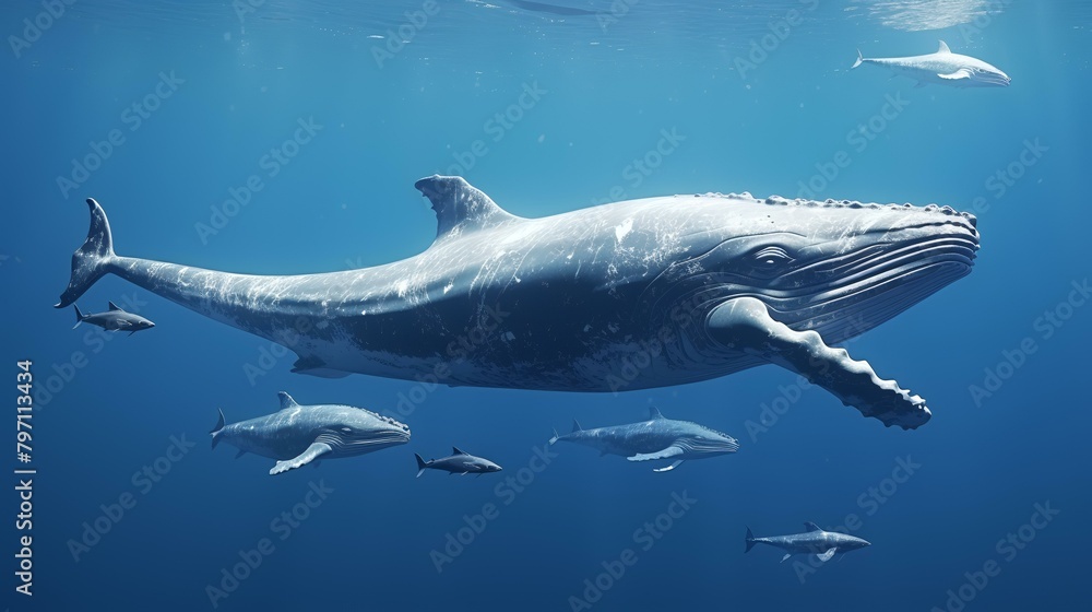 Fototapeta premium Whale swimming underwater in the deep blue ocean. 3D rendering