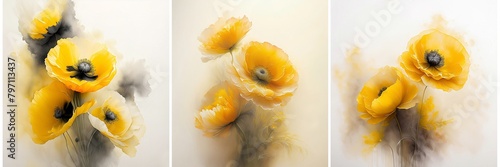 Trittico Papaveri gialli fiori. Sfondo floreale, decorazione photo