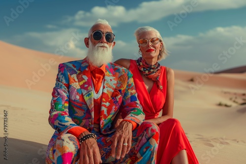 Colorful and fashionable older couple in striking attire and sunglasses sitting on dunes. Colorful clothes in desert.