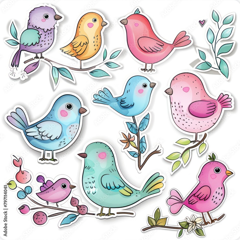 Set of cute watercolor bird stickers, perfect for adding a touch of summer to your projects. - obrazy, fototapety, plakaty 