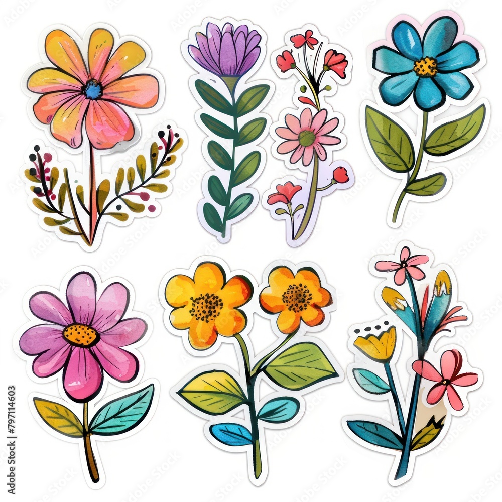 Watercolor floral stickers set featuring bright and colorful flowers on a white background. - obrazy, fototapety, plakaty 