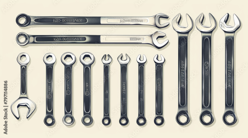 An assortment of metallic spanners displayed in order of size on a white background, showcasing variety and precision. An assortment of metallic spanners displayed in order of size on a white background, showcasing variety and precision.