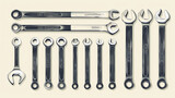 An assortment of metallic spanners displayed in order of size on a white background, showcasing variety and precision.