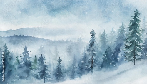 watercolor blue winter landscape of foggy forest hill wild nature frozen misty taiga horizontal watercolor background evergreen coniferous trees in snowfall © Heaven
