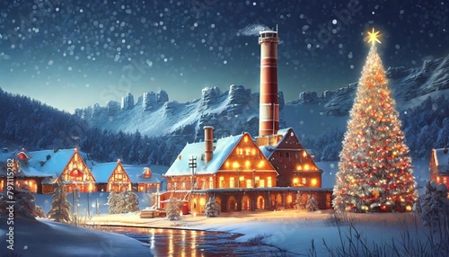 winter illustration for a greeting card or poster with holiday factory