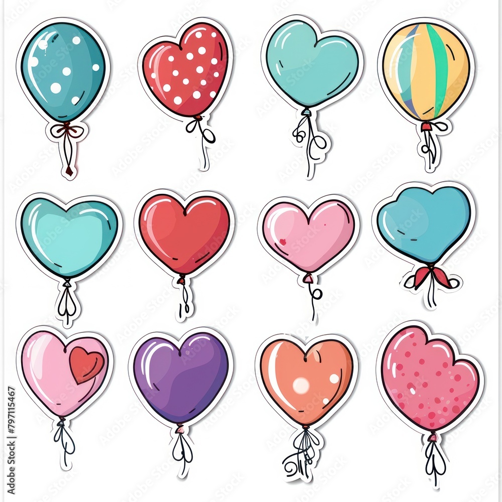 Stickers of colorful heart-shaped balloons, each with a different pattern, white background. - obrazy, fototapety, plakaty 