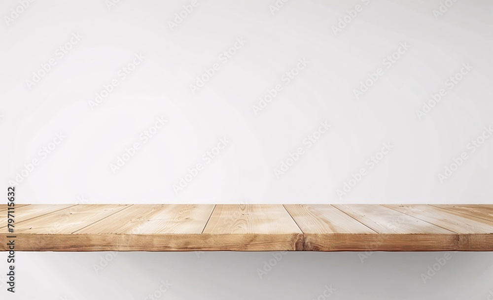 a wooden shelf on a white wall