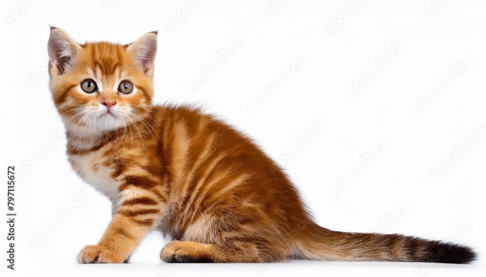charming red kitten scottish straight sitting with raised paw isolated on white background