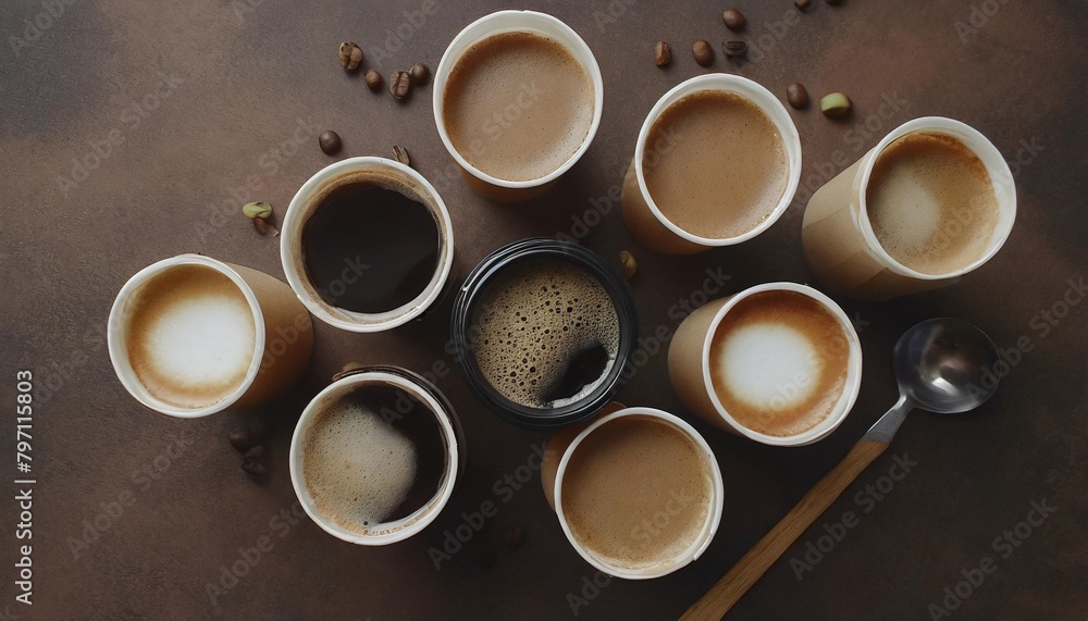 coffee in paper cups lay flat on a dark brown background view from above disposable tableware take out drinks coffee in paper cups lay flat on a dark brown background view from above disposable tableware take out drinks