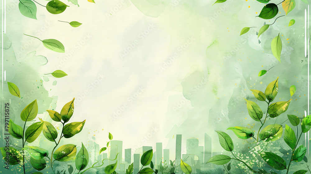 background in green with text space and skyline in the centre in the background and green leave frame