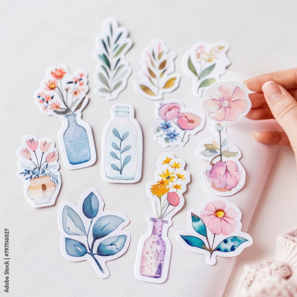 A hand holds a sticker book with a variety of stickers, including watercolor flowers in vases and bottles. A hand holds a sticker book with a variety of stickers, including watercolor flowers in vases and bottles.