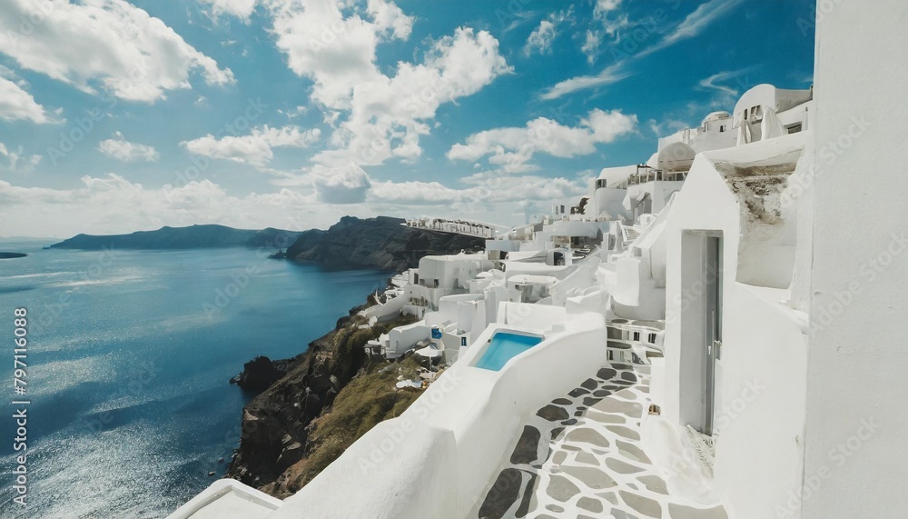 Obraz premium white architecture in santorini island greece view of the sea and the blue sky with clouds