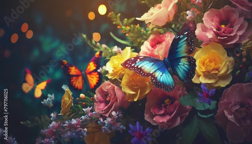 floral background from colorful artificial flowers and morpho godartii butterflies photo