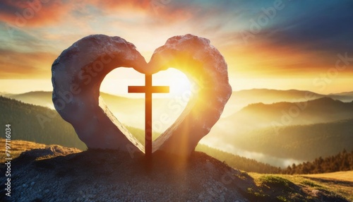 easter and good friday concept heart shaped empty tomb with cross on mountain sunrise background generative ai