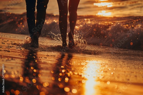 Couple strolls beach at dusk amid water, tree, landscape