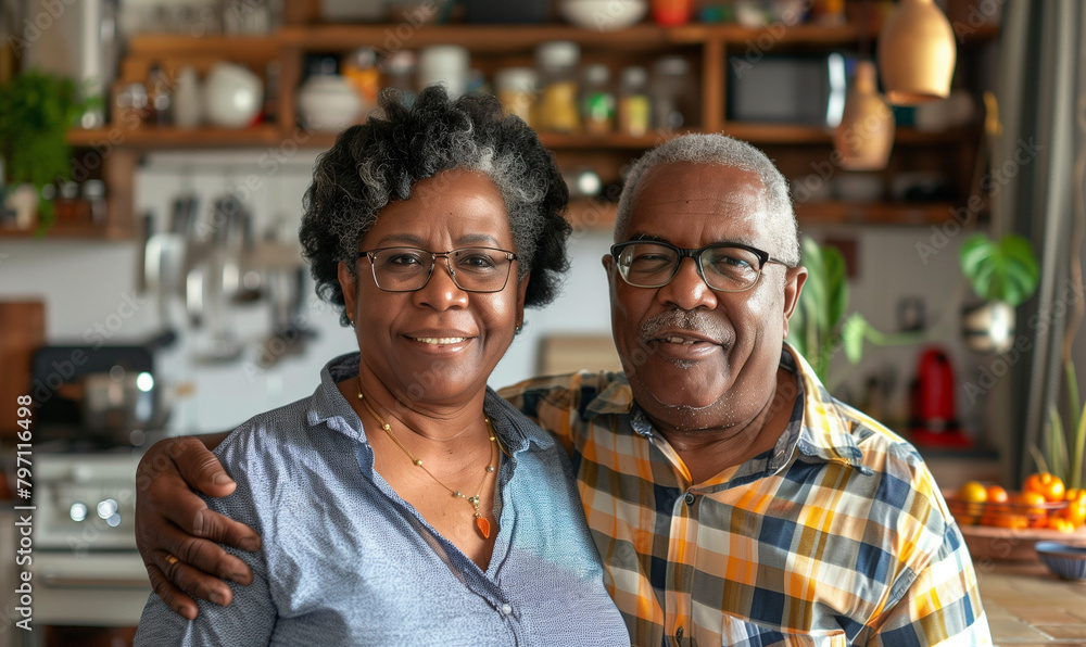 This image shows a mature black African American couple in their home kitchen, spending time together, enjoying everyday moments and cooking together. This image shows a mature black African American couple in their home kitchen, spending time together, enjoying everyday moments and cooking together.