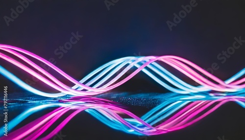 3d render abstract background of neon ribbon fluorescent ines glowing in the dark room with floor reflection fantastic panoramic wallpaper digital data transfer energy concept photo