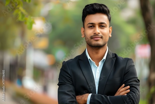 Confident young Indian businessman outdoors arms crossed looking at camera. Concept Outdoor Photoshoot, Confident Look, Indian Businessman, Arms Crossed, Eye Contact photo