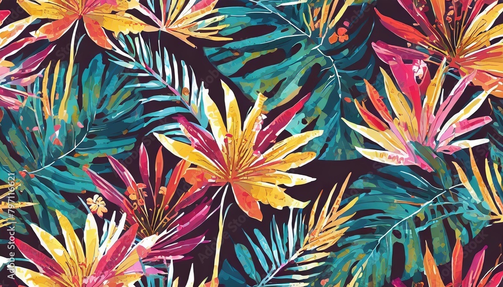 beautiful autotraced vector seamless pattern with hand drawn watercolor colorful tropical palm leaves wallpapper textile fabric design
