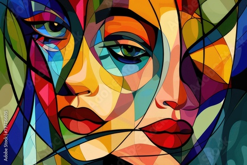 Abstract image of female human face looking at camera in cubism style. Portrait artistic image of beautiful cute woman with red lip with colorful color. Digital artwork concept. Focus on face. AIG42. © Summit Art Creations