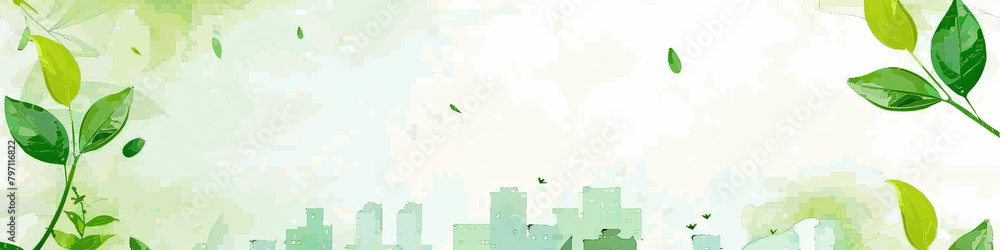skyline in background in green with text space in the centre and green leave frame skyline in background in green with text space in the centre and green leave frame