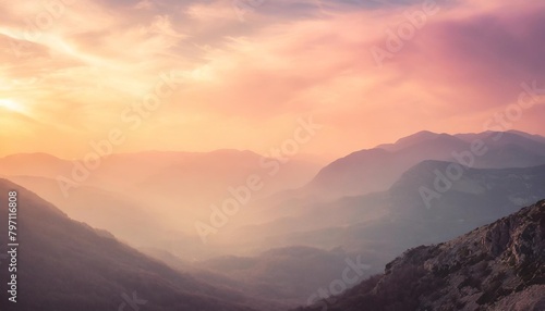beautiful mountains landscape at sunset warm golden pink pastel light outdoors adventure travel banner website design desktop background cover spring concept © Heaven