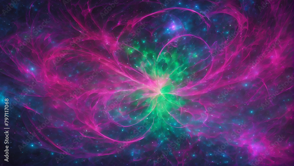 Obraz premium Visuals of neon-colored substances blending and morphing in cosmic patterns, with vibrant hues like neon pink, electric blue, radioactive green, and pulsating purple against a backdrop ULTRA HD 8K