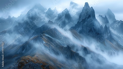 Ethereal mist swirling around mountain peaks