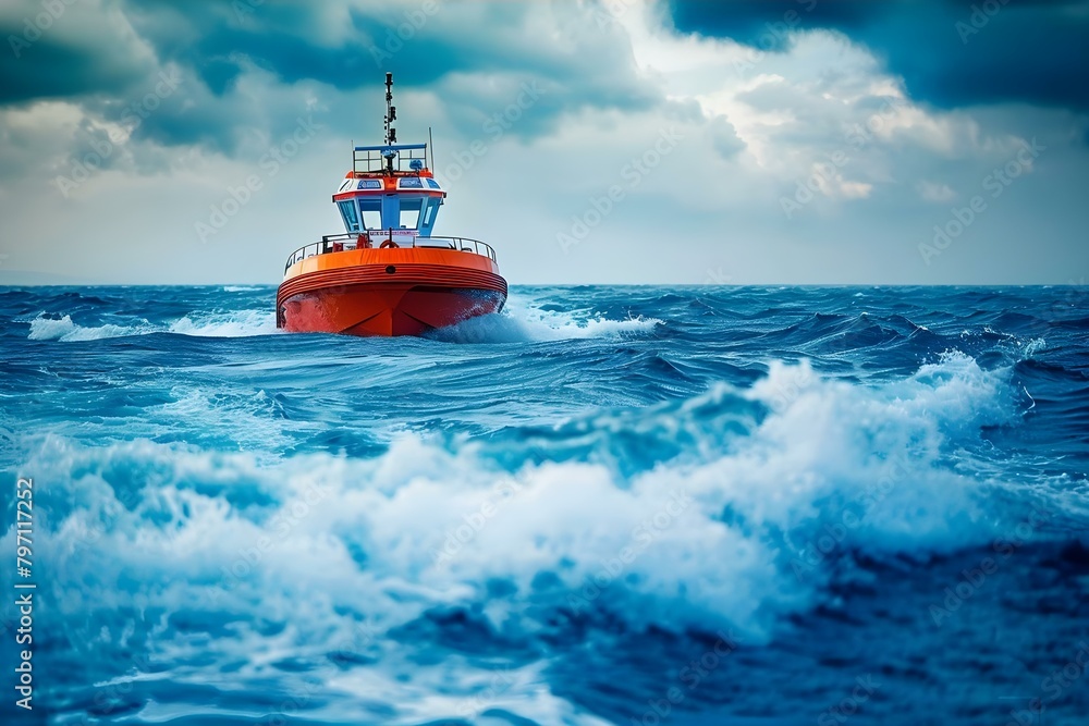 Orange rescue boat in blue ocean during stormy sea rescue operation. Concept Rescue Boat, Stormy Sea, Ocean, Adventure, Rescue Operation Orange rescue boat in blue ocean during stormy sea rescue operation. Concept Rescue Boat, Stormy Sea, Ocean, Adventure, Rescue Operation