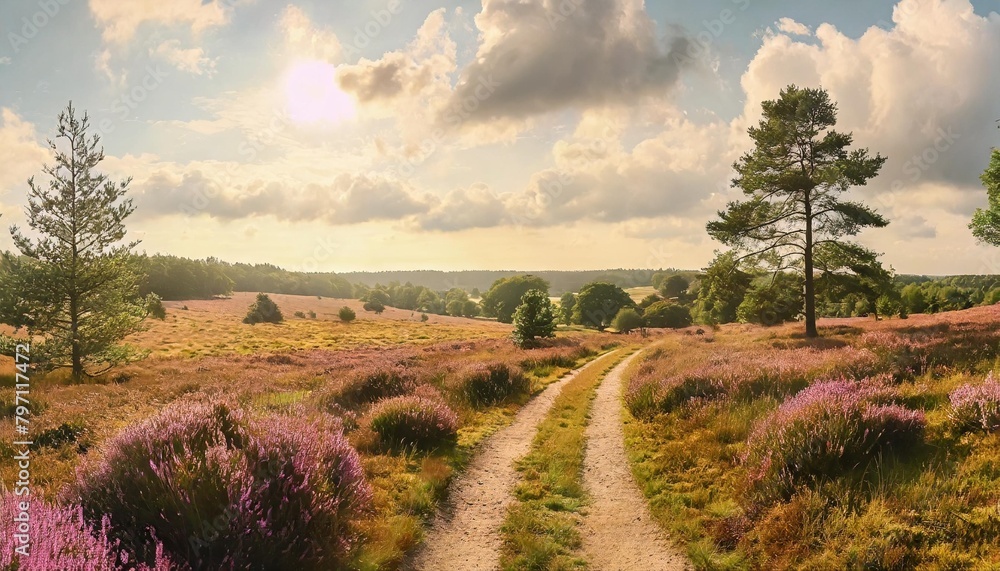 Fototapeta premium panorama wanderweg durch heidelandschaft mit bluhendem heidekraut luneburger heide