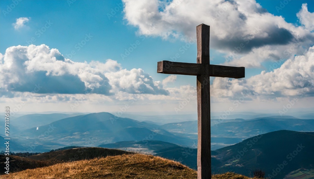 holy cross symbolizing the death and resurrection of jesus christ with the sky over golgotha hill is shrouded in light and clouds holy cross symbolizing the death and resurrection of jesus christ with the sky over golgotha hill is shrouded in light and clouds