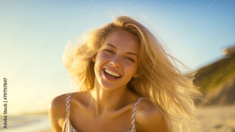a smiling caucasian woman on a sunny beach during a summertime, blue eyes, blonde hair a smiling caucasian woman on a sunny beach during a summertime, blue eyes, blonde hair