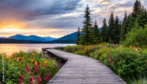 wooden walking path on one mile lake with flowers picture taken in pemberton british columbia canada dramatic sunrise sky art render photo