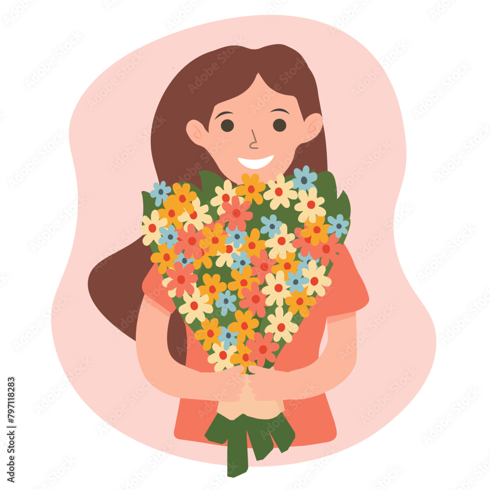 A woman holds a flower arrangement in her hands. Flat cartoon character isolated happy woman with bouquet. Holiday or birthday, romantic gift. A woman holds a flower arrangement in her hands. Flat cartoon character isolated happy woman with bouquet. Holiday or birthday, romantic gift.
